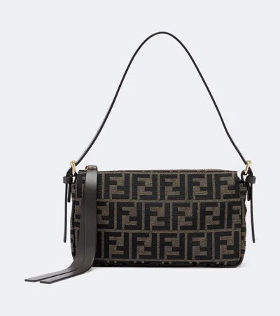 Fendi Zip Top Small Ff Jacquard Canvas Shoulder Bag In Black