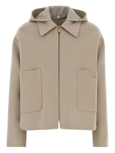 Fendi Wool Reversible Hooded Jacket Long Sleeves In Neutral