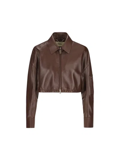 Fendi Zip Up Leather Jacket In Brown