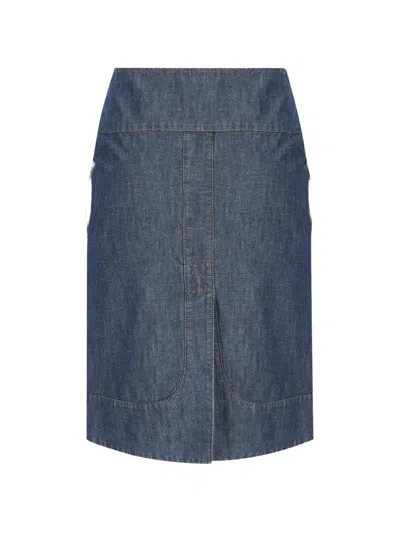 Fendi Zip-fastening Leather-detail Denim Skirt In Blue