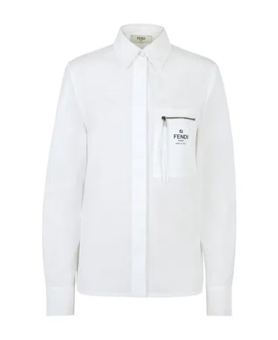 Fendi Zipped-pocket Cotton Shirt In White