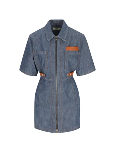 Fendi Short Cotton Denim Shirt-collar Dress With Zip Front And Leather Details In Blue