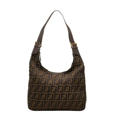 Pre-owned Fendi Zucca Black Brown Canvas Leather Shoulder Bag () In Black, Brown