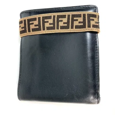 Pre-owned Fendi Zucca Black Brown Leather Wallet (bi-fold) () In Multi