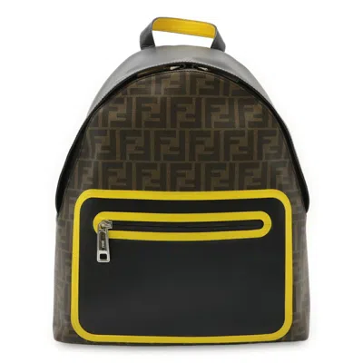 Pre-owned Fendi Zucca Black Khaki Brown Yellow Coated Canvas Leather Backpack ()