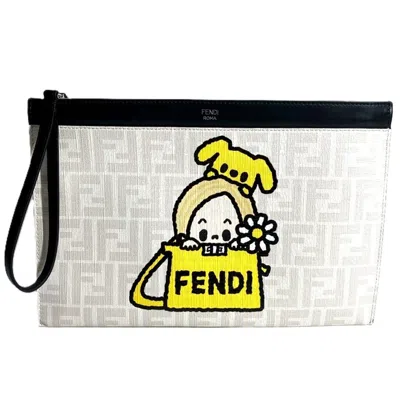Pre-owned Fendi Zucca Black White Leather Clutch Bag Handbag () In Multi