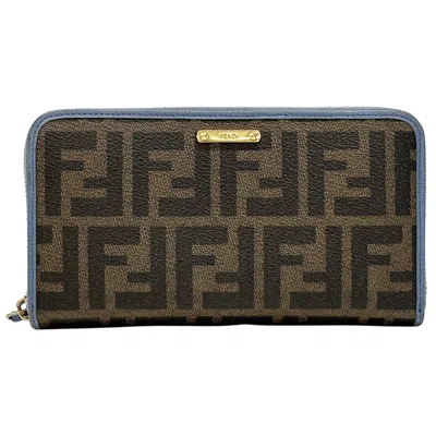 Pre-owned Fendi Zucca Blue Brown Zucca Long Bill Wallet (bi-fold) () In Multi