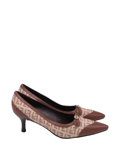 Pre-owned Fendi Zucca Bow-embellishment Pumps In Neutral