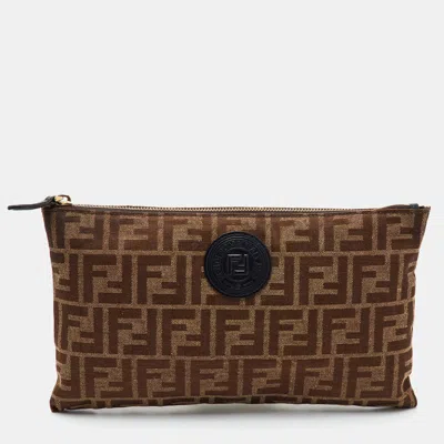 Pre-owned Fendi Zucca Brown/black Canvas And Leather Zip Pouch Clutch