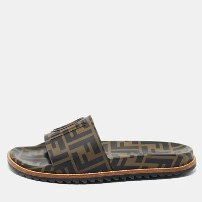 Pre-owned Fendi Zucca Brown/black Rubber Slide Sandals Size 41
