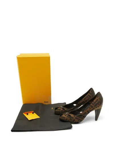 Pre-owned Fendi Zucca Canvas Peep-toe Pumps In Brown