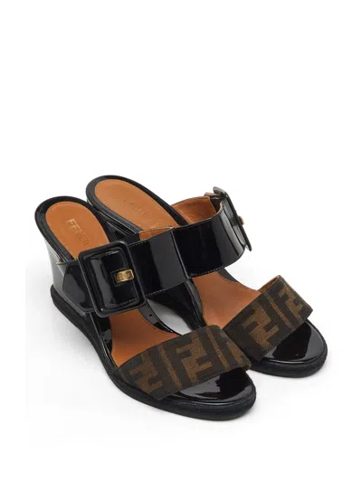 Pre-owned Fendi Zucca Canvas Wedge Sandals In Black