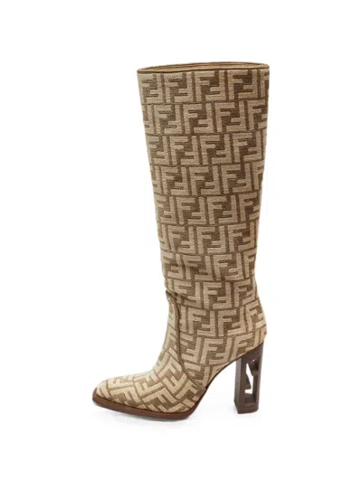 Pre-owned Fendi Zucca Chenille Knee-length Boots In Neutrals