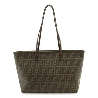 Pre-owned Fendi Zucca Dark Brown Khaki Brown Coated Canvas Leather Shoulder Bag Tote Bag ()