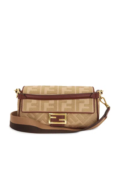 Pre-owned Fendi Zucca Embossed Baguette Nm Shoulder Bag In Beige