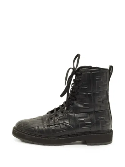 Pre-owned Fendi Zucca Embossed Combat Boots In Black