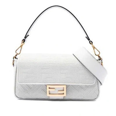 Pre-owned Fendi Zucca Embroidered Canvas And Calfskin Baguette Satchel In White