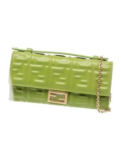 Pre-owned Fendi Zucca Ff Baguette Continental Wallet With Chain 2026 In Green