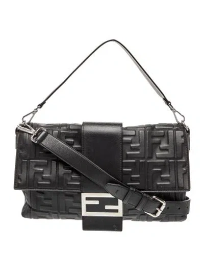 Pre-owned Fendi Zucca Ff Convertible Belt Baguette Satchel Large In Black