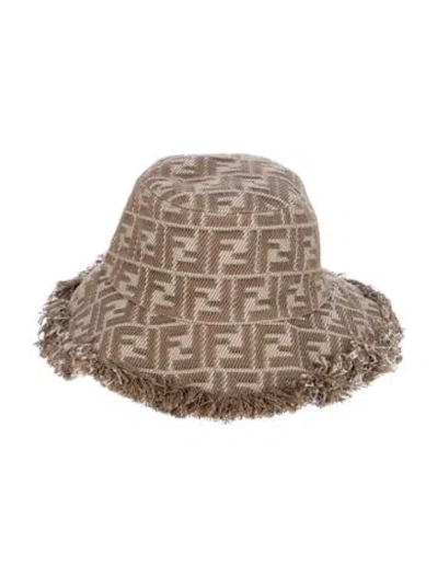 Pre-owned Fendi Zucca Ff Fringe Bucket Hat In Neutral