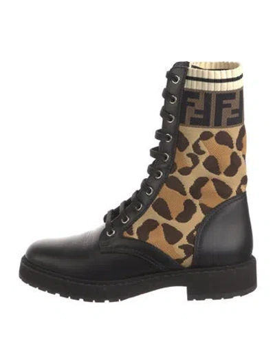 Pre-owned Fendi Zucca Ff Logo Animal Print Combat Boots In Black