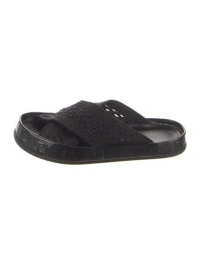 Pre-owned Fendi Zucca Ff Logo Braided Accents Slides In Black