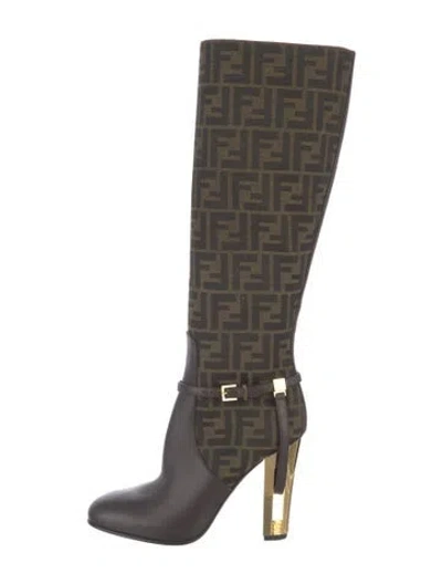 Pre-owned Fendi Zucca Ff Logo Canvas Boots In Brown