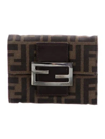 Pre-owned Fendi Zucca Ff Logo Canvas Compact Wallet In Brown
