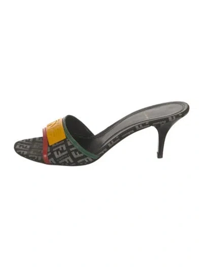 Pre-owned Fendi Zucca Ff Logo Canvas Slides In Black