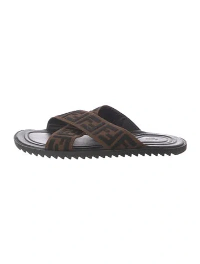 Pre-owned Fendi Zucca Ff Logo Canvas Slides In Black
