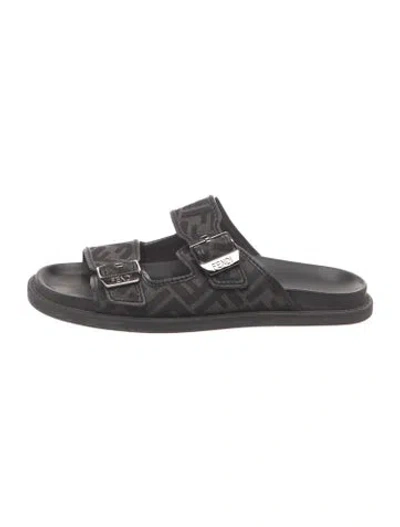 Pre-owned Fendi Zucca Ff Logo Canvas Slides In Black