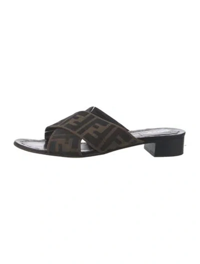 Pre-owned Fendi Zucca Ff Logo Canvas Slides In Blue