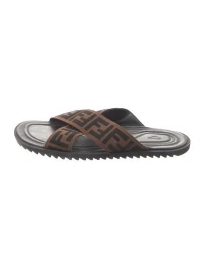 Pre-owned Fendi Zucca Ff Logo Canvas Slides In Brown
