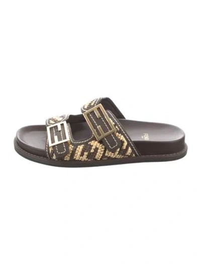 Pre-owned Fendi Zucca Ff Logo Canvas Slides In Brown