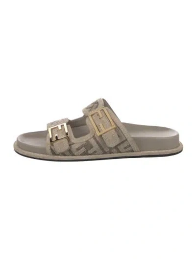 Pre-owned Fendi Zucca Ff Logo Canvas Slides In Brown/neutrals