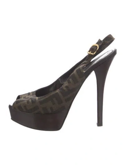 Pre-owned Fendi Zucca Ff Logo Canvas Slingback Pumps In Brown