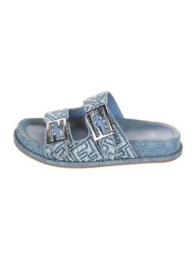 Pre-owned Fendi Zucca Ff Logo Denim Slides In Blue