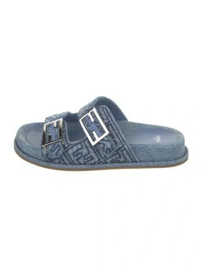 Pre-owned Fendi Zucca Ff Logo Denim Slides In Blue