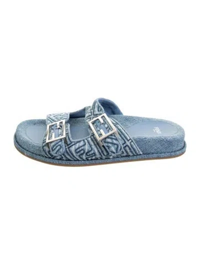 Pre-owned Fendi Zucca Ff Logo Denim Slides In Blue