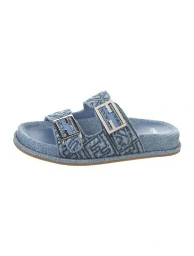 Pre-owned Fendi Zucca Ff Logo Denim Slides In Blue