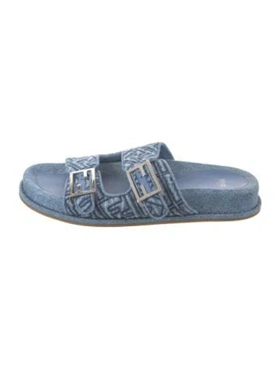 Pre-owned Fendi Zucca Ff Logo Denim Slides In Blue