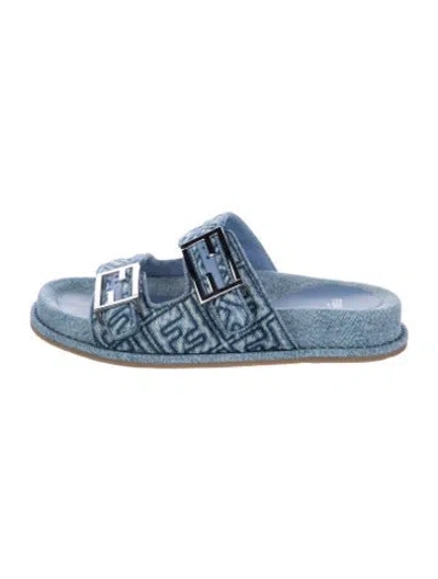 Pre-owned Fendi Zucca Ff Logo Denim Slides In Blue