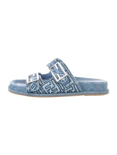 Pre-owned Fendi Zucca Ff Logo Denim Slides In Blue