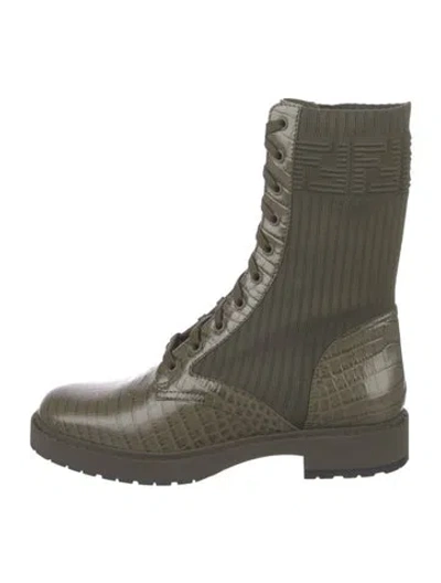Pre-owned Fendi Zucca Ff Logo Embossed Leather Combat Boots In Green