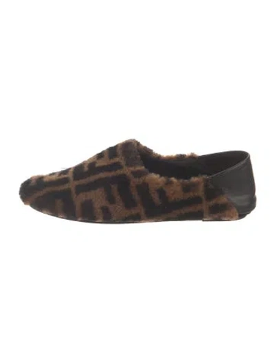 Pre-owned Fendi Zucca Ff Logo Faux Fur Loafers In Brown