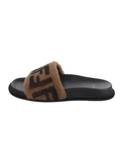 Pre-owned Fendi Zucca Ff Logo Faux Fur Slides In Brown
