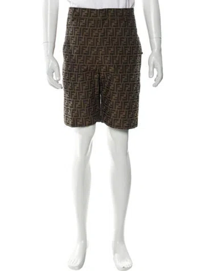 Pre-owned Fendi Zucca Ff Logo Flat Front Shorts W/ Tags In Brown