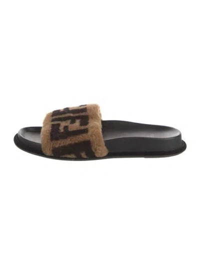 Pre-owned Fendi Zucca Ff Logo Fur Slides In Brown