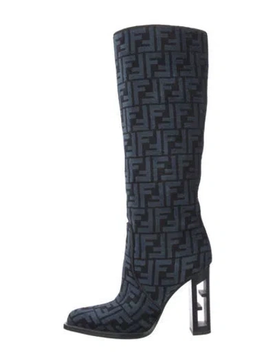 Pre-owned Fendi Zucca Ff Logo Graphic Print Boots In Blue