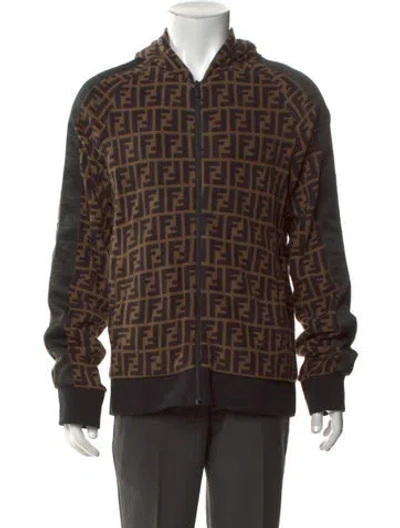 Pre-owned Fendi Zucca Ff Logo Graphic Print Hoodie In Brown